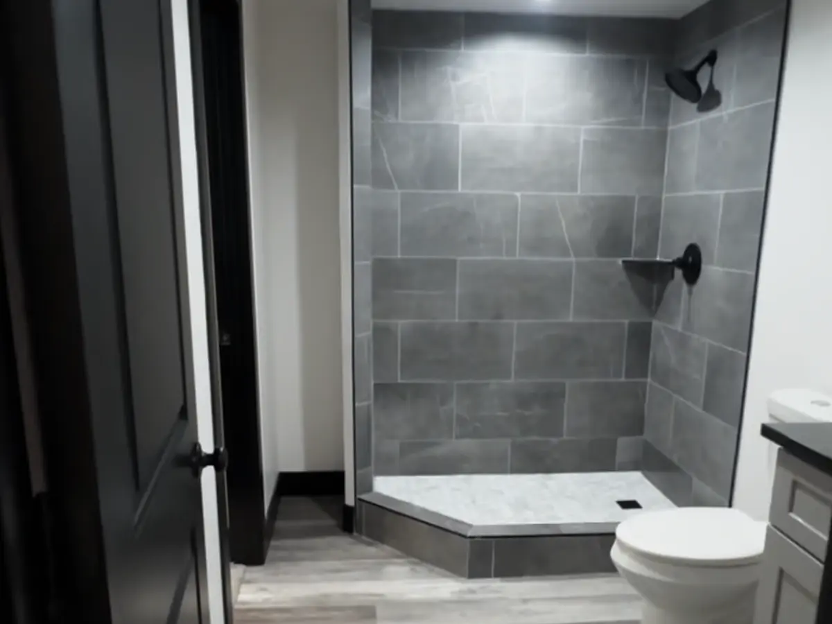 small bathroom remodel with gray cabinets and white countertop vanity, gray walk in shower and gray tile wall